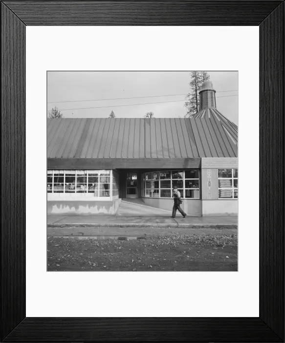 Framed Print : Stores and community center in model lumber company town, Gilchrist, Oregon, 1939. Creator: Dorothea Lange Framed Print : Stores and community center in model lumber company town, Gilchrist, Oregon, 1939. Creator: Dorothea Lange