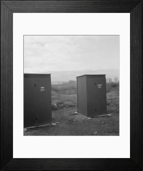 Framed Print : Twenty-four portable toilets, mobile camp (FSA), equipment, Merrill, Klamath County, Oregon, 1939. Creator: Dorothea Lange Framed Print : Twenty-four portable toilets, mobile camp (FSA), equipment, Merrill, Klamath County, Oregon, 1939. Creator: Dorothea Lange