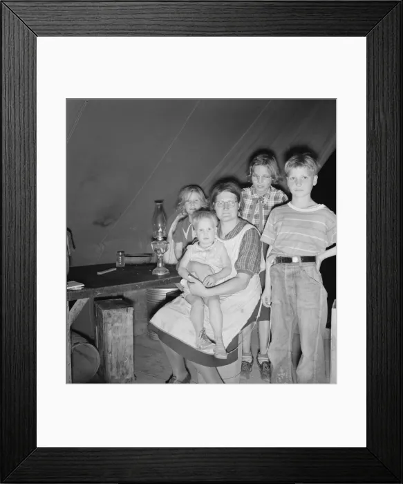 Framed Print : Family of six in tent after supper, FSA mobile unit, Merrill, Klamath County, Oregon, 1939 Creator: Dorothea Lange Framed Print : Family of six in tent after supper, FSA mobile unit, Merrill, Klamath County, Oregon, 1939 Creator: Dorothea Lange