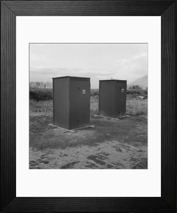 Framed Print : Twenty-four portable toilets, mobile camp (FSA)... Merrill, Klamath County, Oregon, 1939. Creator: Dorothea Lange Framed Print : Twenty-four portable toilets, mobile camp (FSA)... Merrill, Klamath County, Oregon, 1939. Creator: Dorothea Lange