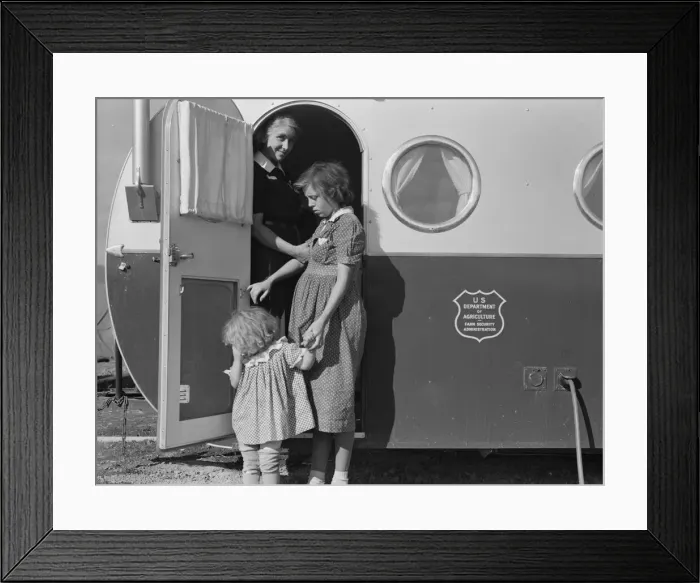 Framed Print : Young mother brings her child to the trailer clinic... FSA, Merrill, Klamath County, Oregon, 1939. Creator: Dorothea Lange Framed Print : Young mother brings her child to the trailer clinic... FSA, Merrill, Klamath County, Oregon, 1939. Creator: Dorothea Lange