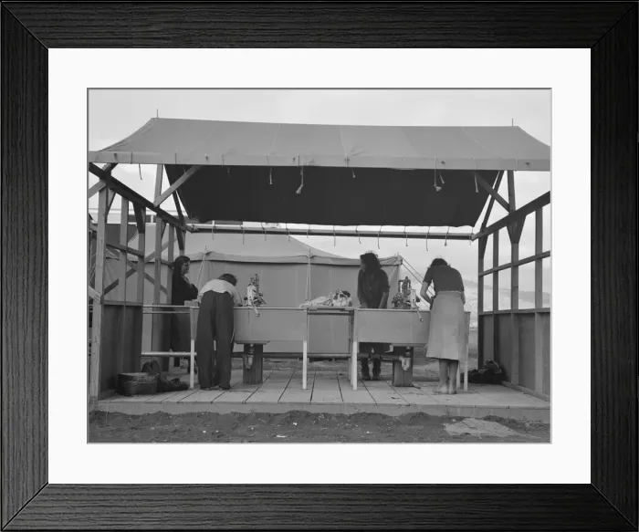 Framed Print : Portable laundry unit, shower unit beyond, FSA camp, Merrill, Oregon, 1939. Creator: Dorothea Lange Framed Print : Portable laundry unit, shower unit beyond, FSA camp, Merrill, Oregon, 1939. Creator: Dorothea Lange