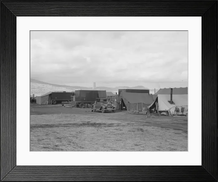 Framed Print : Shows pickers tents, power unit and shower bath... FSA camp, Merrill, Klamath County, Oregon, 1939 Creator: Dorothea Lange Framed Print : Shows pickers tents, power unit and shower bath... FSA camp, Merrill, Klamath County, Oregon, 1939 Creator: Dorothea Lange