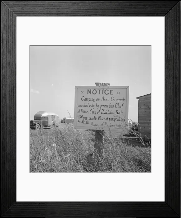 Framed Print : Sign on camp site opposite potato packing sheds, Tulelake, Siskiyou County, California, 1939. Creator: Dorothea Lange Framed Print : Sign on camp site opposite potato packing sheds, Tulelake, Siskiyou County, California, 1939. Creator: Dorothea Lange