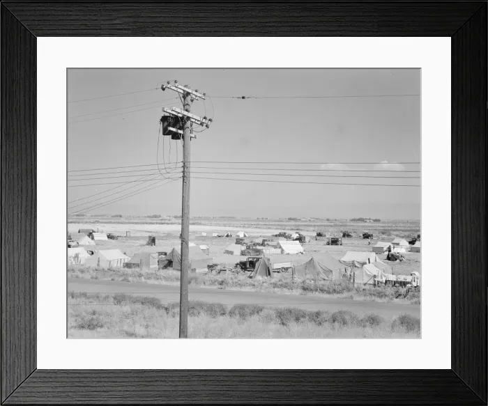 Framed Print : Camp of migrant potato pickers seen from potato shed... Tulelake, Siskiyou County, California, 1939 Creator: Dorothea Lange Framed Print : Camp of migrant potato pickers seen from potato shed... Tulelake, Siskiyou County, California, 1939 Creator: Dorothea Lange