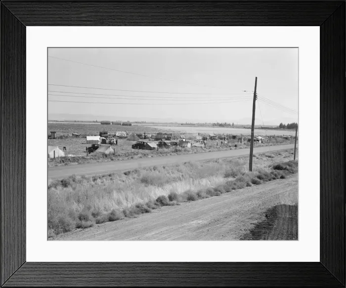 Framed Print : Camp of migrant potato pickers seen from potato shed... Tulelake, Siskiyou County, California, 1939 Creator: Dorothea Lange Framed Print : Camp of migrant potato pickers seen from potato shed... Tulelake, Siskiyou County, California, 1939 Creator: Dorothea Lange