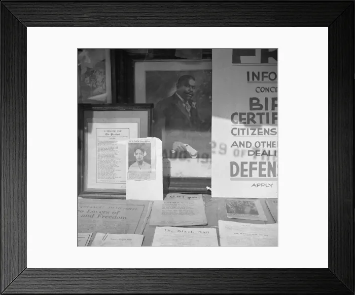 Framed Print : Signs in the windows of a Marcus Garvey club in the Harlem area, 1943. Creator: Gordon Parks Framed Print : Signs in the windows of a Marcus Garvey club in the Harlem area, 1943. Creator: Gordon Parks