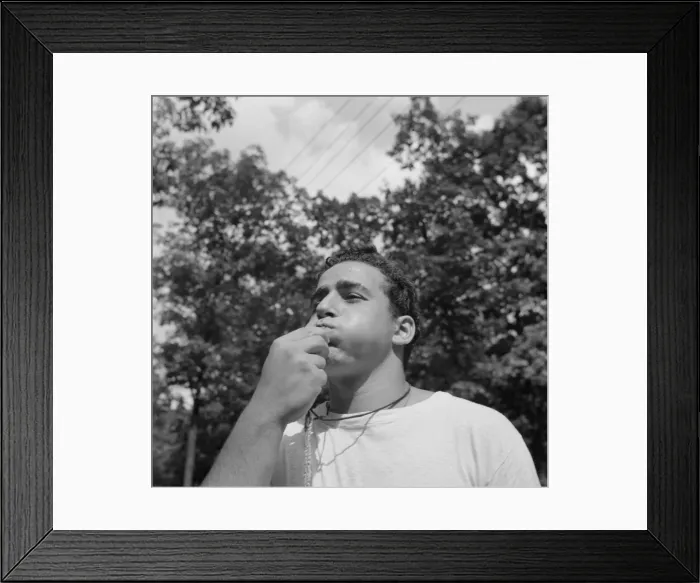 Framed Print : The town crier, Danny Poocchiari. Camp Nathan Hale, Southfields, New York, 1943 Creator: Gordon Parks Framed Print : The town crier, Danny Poocchiari. Camp Nathan Hale, Southfields, New York, 1943 Creator: Gordon Parks