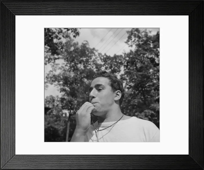 Framed Print : The town crier, Danny Poocchiari. Camp Nathan Hale, Southfields, New York, 1943 Creator: Gordon Parks Framed Print : The town crier, Danny Poocchiari. Camp Nathan Hale, Southfields, New York, 1943 Creator: Gordon Parks