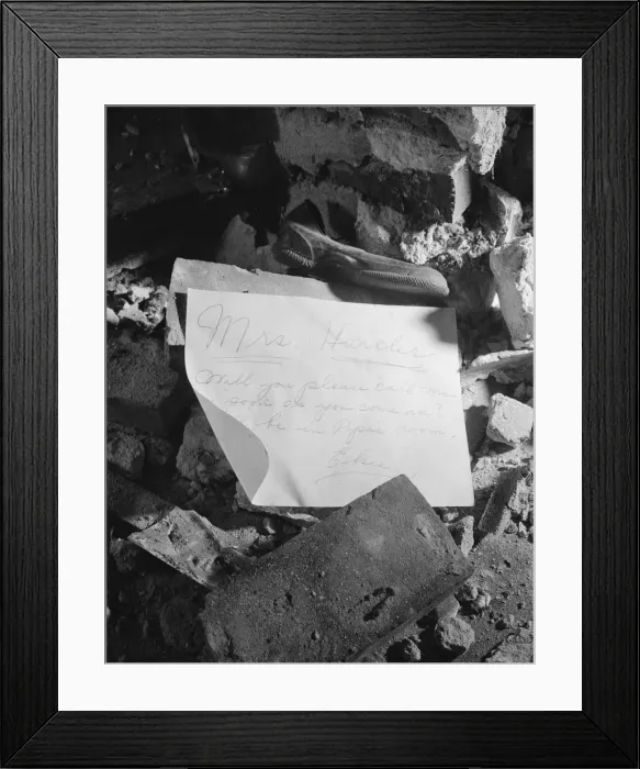 Framed Print : A note left in a wrecked house on Independence Avenue, Washington, D. C, 1942. Creator: Gordon Parks Framed Print : A note left in a wrecked house on Independence Avenue, Washington, D. C, 1942. Creator: Gordon Parks