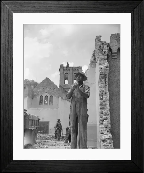 Framed Print : Construction workman wrecking a church on Independence Avenue, Washington, D. C, 1942. Creator: Gordon Parks Framed Print : Construction workman wrecking a church on Independence Avenue, Washington, D. C, 1942. Creator: Gordon Parks
