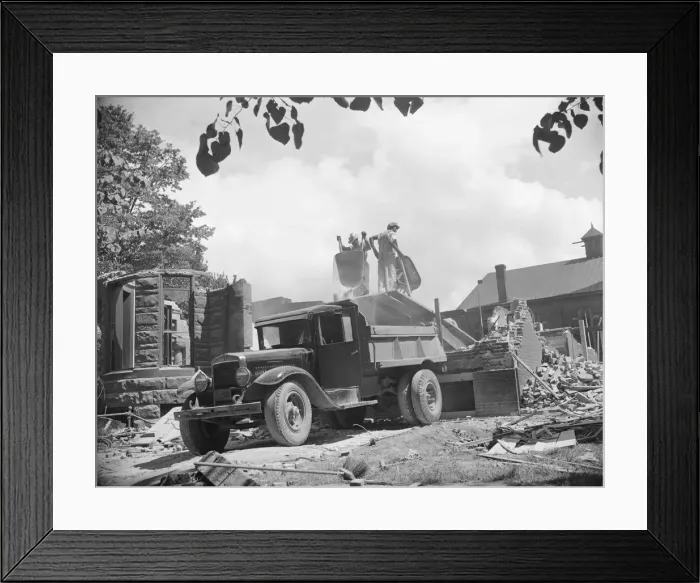 Framed Print : Loading debris from wrecked buildings along Independence Avenue, Washington, D. C, 1942. Creator: Gordon Parks Framed Print : Loading debris from wrecked buildings along Independence Avenue, Washington, D. C, 1942. Creator: Gordon Parks