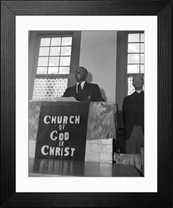 Framed Print : Elder Kelsey, pastor of the Church of God in Christ, opening a service... Washington, D.C. 1942. Creator: Gordon Parks Framed Print : Elder Kelsey, pastor of the Church of God in Christ, opening a service... Washington, D.C. 1942. Creator: Gordon Parks