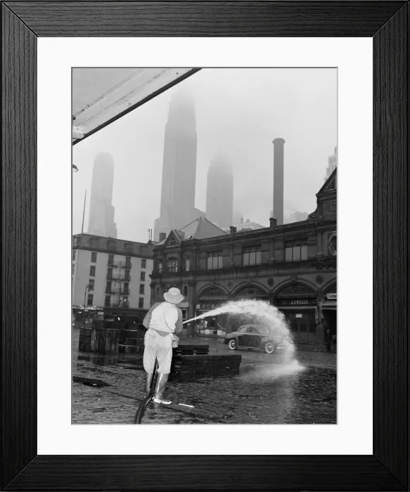 Framed Print : City sanitation workman washing streets at Fulton fish market, New York, 1943. Creator: Gordon Parks Framed Print : City sanitation workman washing streets at Fulton fish market, New York, 1943. Creator: Gordon Parks