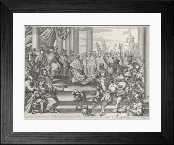 Framed Print : Pope Alexander III presents Doge Ziani with standards and bugles after his defeat of H... ca. 1720. Creator: Anon Framed Print : Pope Alexander III presents Doge Ziani with standards and bugles after his defeat of H... ca. 1720. Creator: Anon