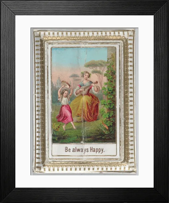 Framed Print : Mechanical box-shaped greeting card: dancing and bucolic scene, Cupid brings bouquets... ca. 1875. Creator: Anon Framed Print : Mechanical box-shaped greeting card: dancing and bucolic scene, Cupid brings bouquets... ca. 1875. Creator: Anon