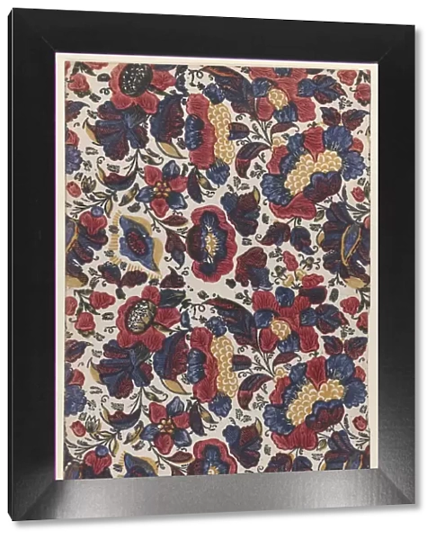 Paste end paper with overall pattern of red, blue, and yellow flowers, 19th century. 19th century. Creator: Anon