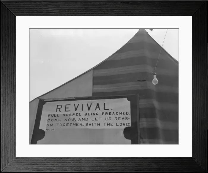 Framed Print : Revival meetings are held in Yakima shacktown, Sumac Park, Yakima, Washington, 1939. Creator: Dorothea Lange Framed Print : Revival meetings are held in Yakima shacktown, Sumac Park, Yakima, Washington, 1939. Creator: Dorothea Lange