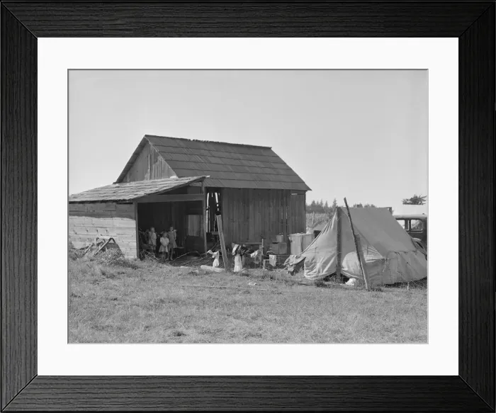 Framed Print : Bean pickers camp in growers yard - no running... near West Stayton, Marion County, Oregon, 1939. Creator: Dorothea Lange Framed Print : Bean pickers camp in growers yard - no running... near West Stayton, Marion County, Oregon, 1939. Creator: Dorothea Lange