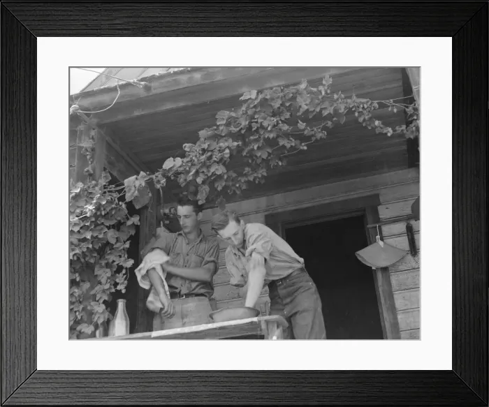 Framed Print : Hop farmers sons, washing for noon meal on back porch, Independence, Polk County, Oregon, 1939. Creator: Dorothea Lange Framed Print : Hop farmers sons, washing for noon meal on back porch, Independence, Polk County, Oregon, 1939. Creator: Dorothea Lange