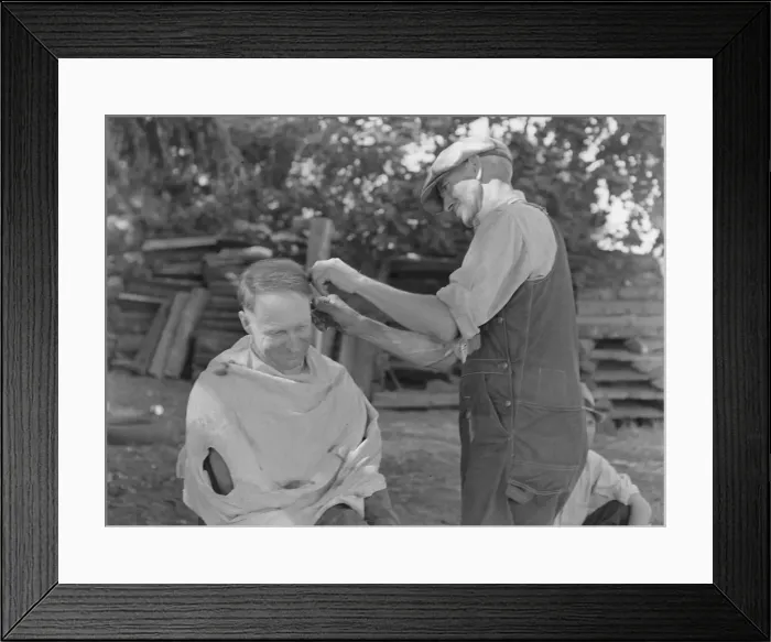 Framed Print : Bean pickers barbering each other, near West Staten, Marion County, Oregon, 1939. Creator: Dorothea Lange Framed Print : Bean pickers barbering each other, near West Staten, Marion County, Oregon, 1939. Creator: Dorothea Lange