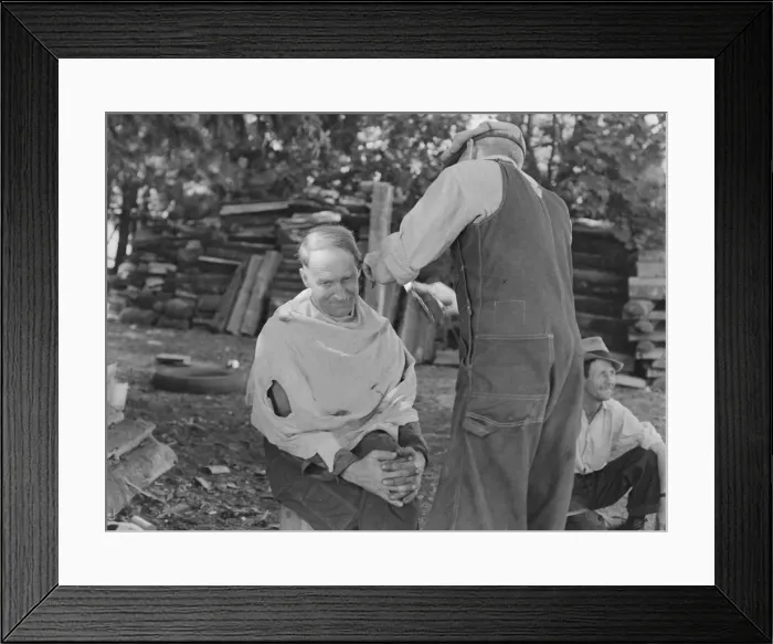 Framed Print : Bean pickers barbering each other, near West Staten, Marion County, Oregon, 1939. Creator: Dorothea Lange Framed Print : Bean pickers barbering each other, near West Staten, Marion County, Oregon, 1939. Creator: Dorothea Lange