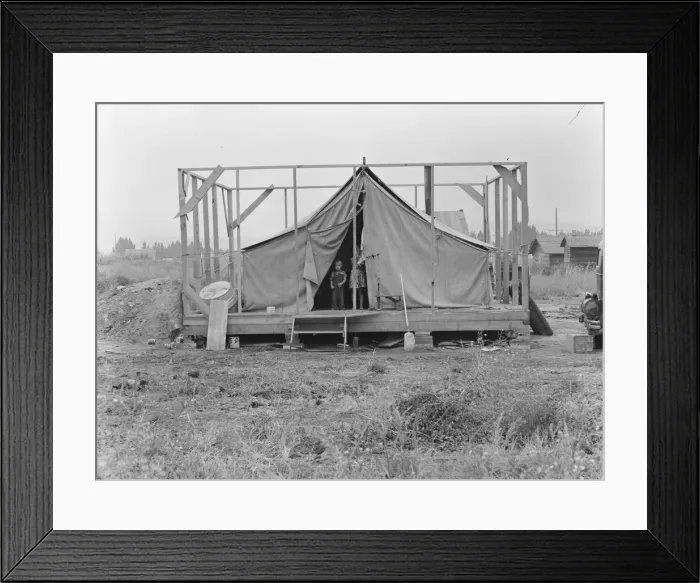 Framed Print : Family living in tent while building the house... near Klamath Falls, Klamath County, Oregon, 1939. Creator: Dorothea Lange Framed Print : Family living in tent while building the house... near Klamath Falls, Klamath County, Oregon, 1939. Creator: Dorothea Lange