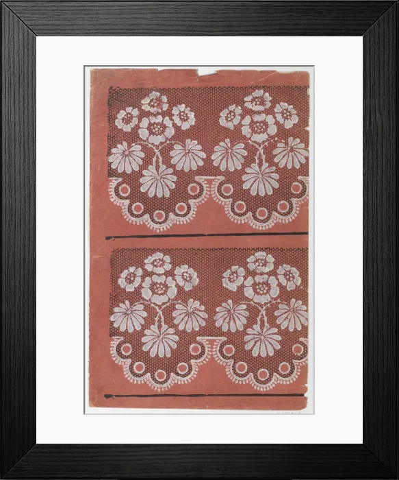 Framed Print : Red sheet with two borders with a white floral pattern atop a black... late 18th-mid-19th century. Creator: Anon Framed Print : Red sheet with two borders with a white floral pattern atop a black... late 18th-mid-19th century. Creator: Anon