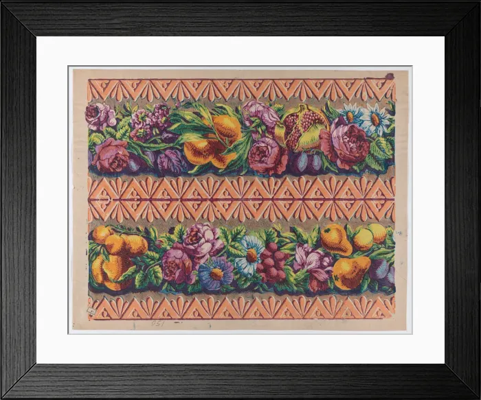 Framed Print : Sheet with a border with two garlands of fruit, leaves, and flowers... late 18th-mid-19th century. Creator: Anon Framed Print : Sheet with a border with two garlands of fruit, leaves, and flowers... late 18th-mid-19th century. Creator: Anon