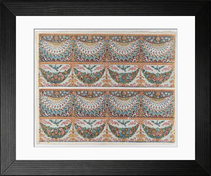 Framed Print : Sheet with a two borders with four hanging draperies, multicolor fest... late 18th-mid-19th century. Creator: Anon Framed Print : Sheet with a two borders with four hanging draperies, multicolor fest... late 18th-mid-19th century. Creator: Anon