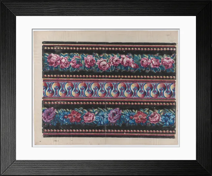 Framed Print : Sheet with a border with pink and multicolor floral garlands on a bl... late 18th-mid-19th century. Creator: Anon Framed Print : Sheet with a border with pink and multicolor floral garlands on a bl... late 18th-mid-19th century. Creator: Anon