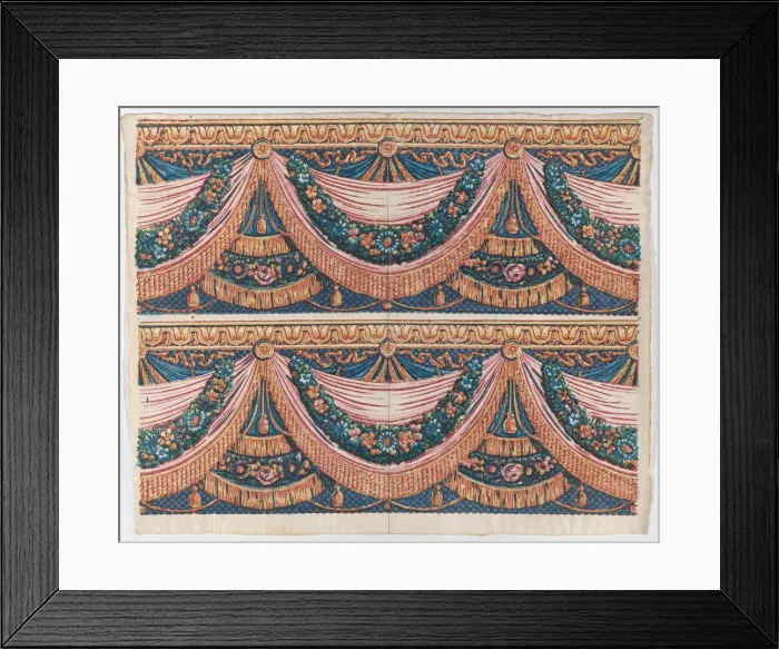 Framed Print : Sheet with two borders with draped curtains and floral garlands, lat... late 18th-mid-19th century. Creator: Anon Framed Print : Sheet with two borders with draped curtains and floral garlands, lat... late 18th-mid-19th century. Creator: Anon