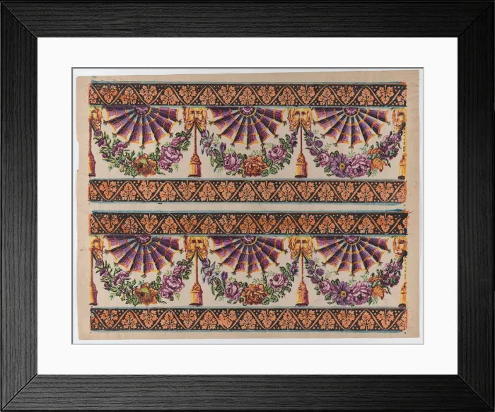 Framed Print : Sheet with two borders with three fans and floral garlands, late 18t... late 18th-mid-19th century. Creator: Anon Framed Print : Sheet with two borders with three fans and floral garlands, late 18t... late 18th-mid-19th century. Creator: Anon