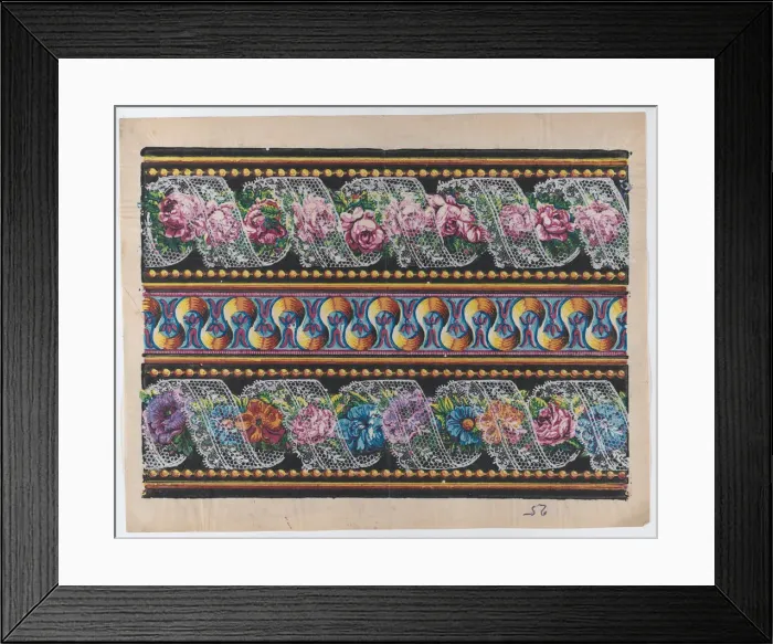 Framed Print : Sheet with a border with floral garlands and lace on a black backgro... late 18th-mid-19th century. Creator: Anon Framed Print : Sheet with a border with floral garlands and lace on a black backgro... late 18th-mid-19th century. Creator: Anon