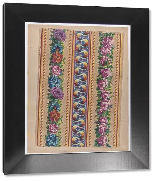 Sheet with a border with pink and multicolor floral garlands, late 1... late 18th-mid-19th century. Creator: Anon
