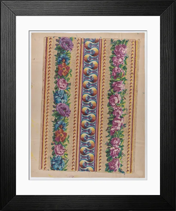 Framed Print : Sheet with a border with pink and multicolor floral garlands, late 1... late 18th-mid-19th century. Creator: Anon Framed Print : Sheet with a border with pink and multicolor floral garlands, late 1... late 18th-mid-19th century. Creator: Anon