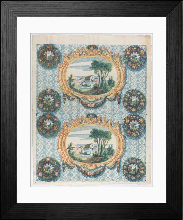 Framed Print : Sheet with two borders with landscapes within frames and wreaths, la... late 18th-mid-19th century. Creator: Anon Framed Print : Sheet with two borders with landscapes within frames and wreaths, la... late 18th-mid-19th century. Creator: Anon