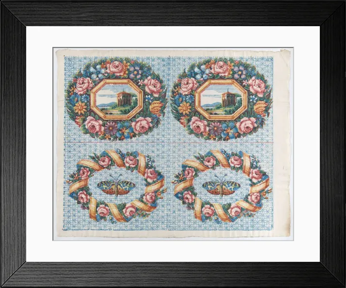 Framed Print : Sheet with two borders with a landscape and moth within wreaths, lat... late 18th-mid-19th century. Creator: Anon Framed Print : Sheet with two borders with a landscape and moth within wreaths, lat... late 18th-mid-19th century. Creator: Anon