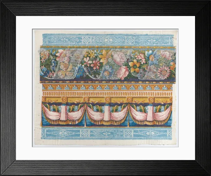 Framed Print : Sheet with lace atop a floral garland with drapery below, late 18th-... late 18th-mid-19th century. Creator: Anon Framed Print : Sheet with lace atop a floral garland with drapery below, late 18th-... late 18th-mid-19th century. Creator: Anon