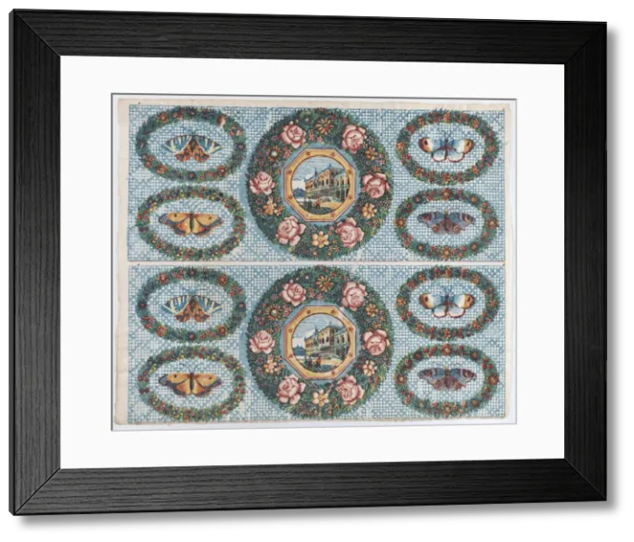 Framed Print : Sheet with two borders with landscapes and moths within wreaths, lat... late 18th-mid-19th century. Creator: Anon Framed Print : Sheet with two borders with landscapes and moths within wreaths, lat... late 18th-mid-19th century. Creator: Anon