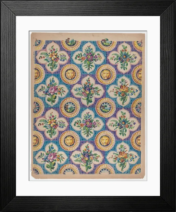 Framed Print : Sheet with pattern of bouquets and lion heads, late 18th-mid-19th ce... late 18th-mid-19th century. Creator: Anon Framed Print : Sheet with pattern of bouquets and lion heads, late 18th-mid-19th ce... late 18th-mid-19th century. Creator: Anon