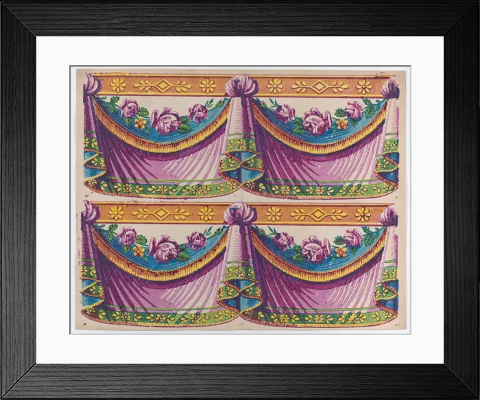 Framed Print : Sheet with two borders with purple drapery and floral designs, late... late 18th-mid-19th century. Creator: Anon Framed Print : Sheet with two borders with purple drapery and floral designs, late... late 18th-mid-19th century. Creator: Anon