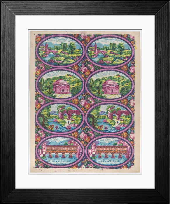 Framed Print : Sheet with two borders with Italian landscapes, late 18th-mid-19th c... late 18th-mid-19th century. Creator: Anon Framed Print : Sheet with two borders with Italian landscapes, late 18th-mid-19th c... late 18th-mid-19th century. Creator: Anon