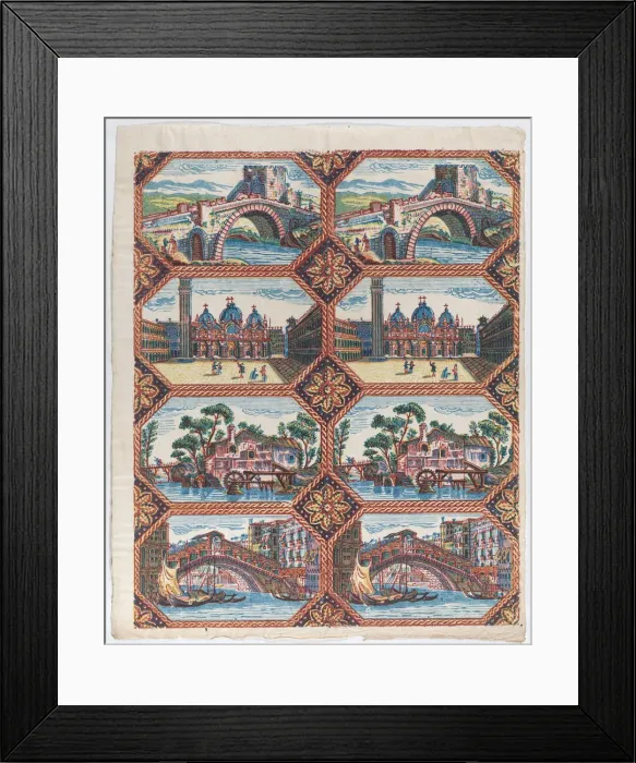 Framed Print : Sheet with two borders with Venetian landscapes, late 18th-mid-19th... late 18th-mid-19th century. Creator: Anon