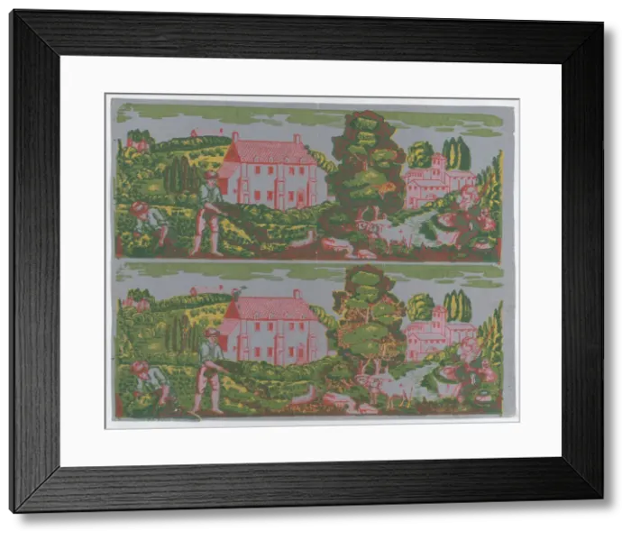 Framed Print : Sheet with two borders with pastoral landscapes on a gray background... late 18th-mid-19th century. Creator: Anon Framed Print : Sheet with two borders with pastoral landscapes on a gray background... late 18th-mid-19th century. Creator: Anon