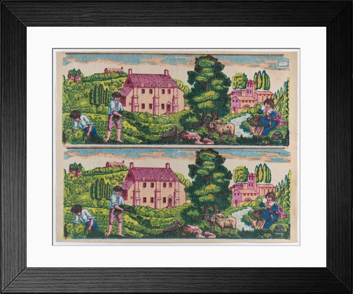 Framed Print : Sheet with two borders with pastoral landscapes, late 18th-mid-19th... late 18th-mid-19th century. Creator: Anon Framed Print : Sheet with two borders with pastoral landscapes, late 18th-mid-19th... late 18th-mid-19th century. Creator: Anon