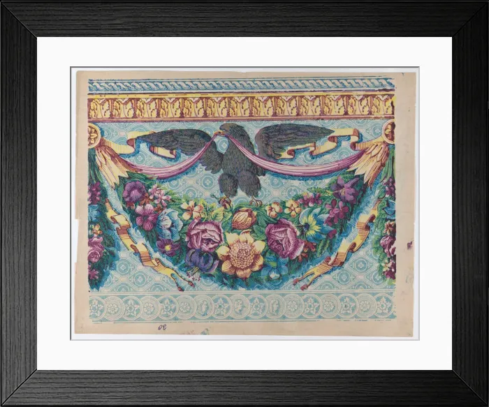 Framed Print : Sheet with an eagle atop a festoon of flowers, late 18th-mid-19th ce... late 18th-mid-19th century. Creator: Anon Framed Print : Sheet with an eagle atop a festoon of flowers, late 18th-mid-19th ce... late 18th-mid-19th century. Creator: Anon