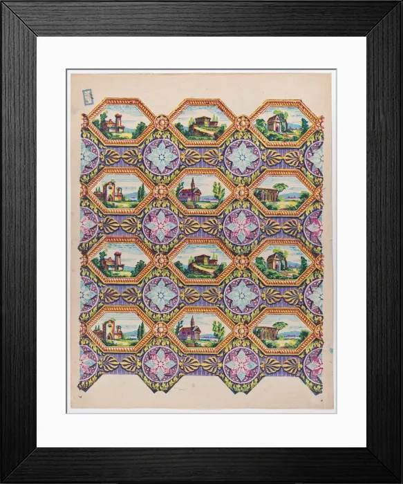 Framed Print : Sheet with pattern of brightly colored landscapes in hexagonal frame... late 18th-mid-19th century. Creator: Anon Framed Print : Sheet with pattern of brightly colored landscapes in hexagonal frame... late 18th-mid-19th century. Creator: Anon