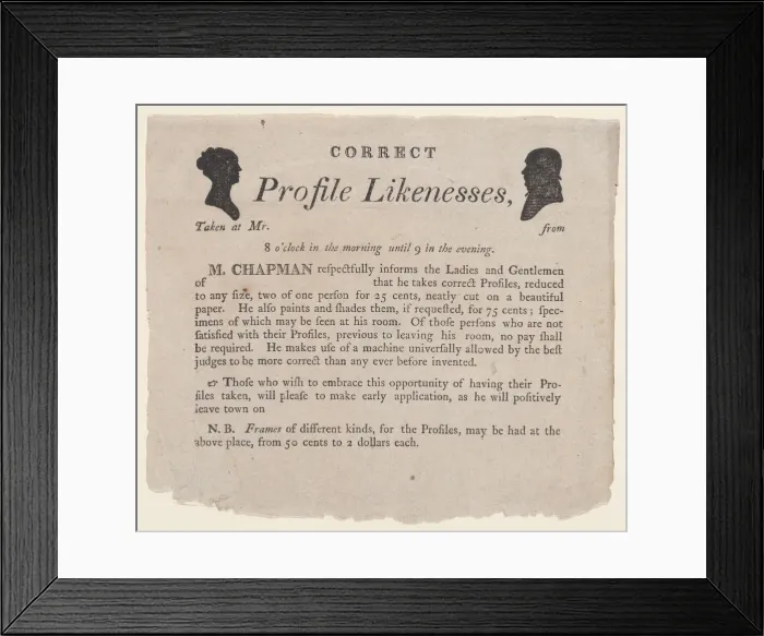Framed Print : Advertisement for profile likenesses by Moses Chapman, 1803-21. 1803-21. Creator: Anon Framed Print : Advertisement for profile likenesses by Moses Chapman, 1803-21. 1803-21. Creator: Anon