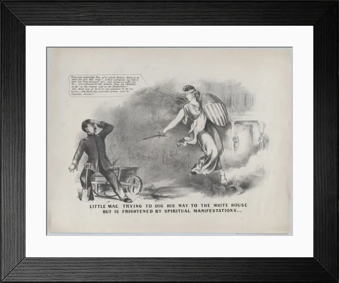 Framed Print : Little Mac Trying to Dig His Way to the White House, But is Frightened by Spiritual Ma... ca. 1864. Creator: Anon Framed Print : Little Mac Trying to Dig His Way to the White House, But is Frightened by Spiritual Ma... ca. 1864. Creator: Anon